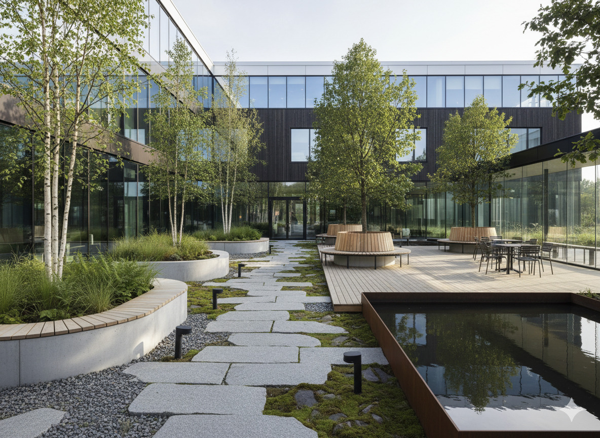 Kommersiell landskapsdesign för kontorsbyggnad